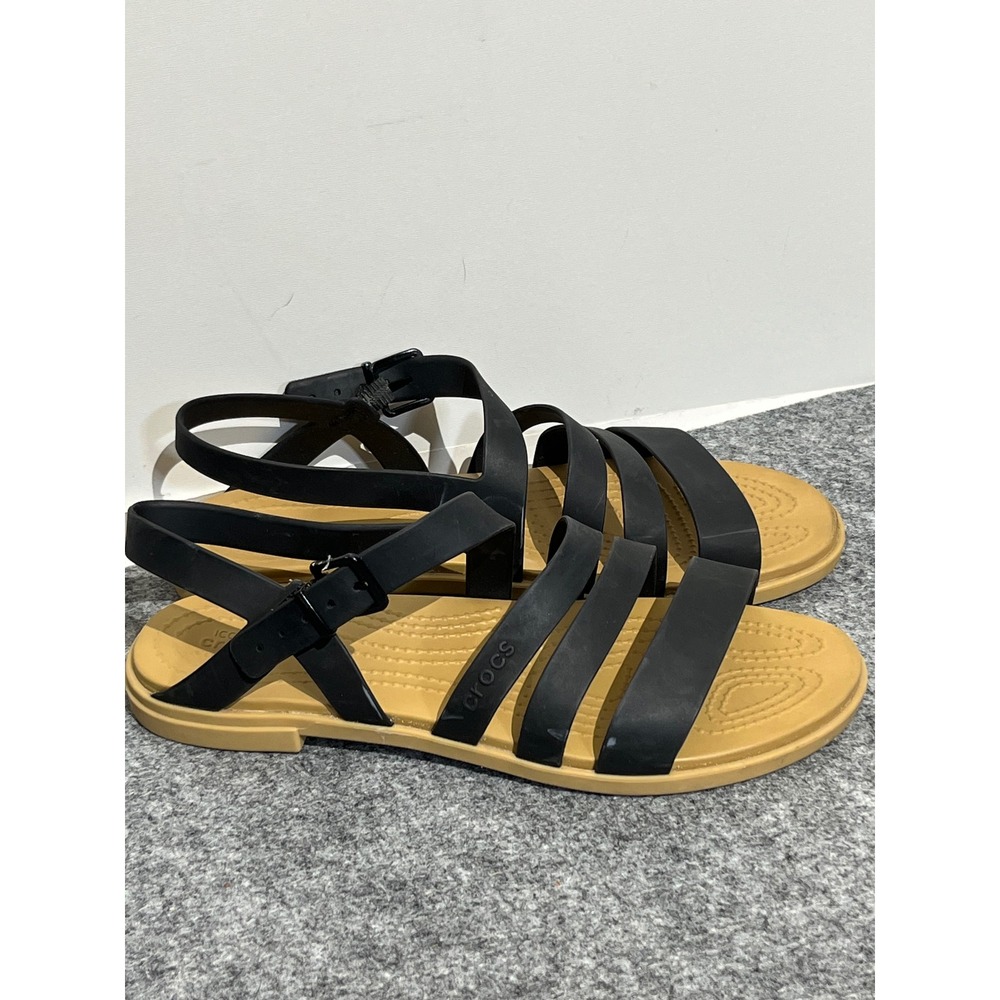 Crocs Tulum Strappy Sandal Black Tan Womens Size 8 Flat Buckle 206107-060